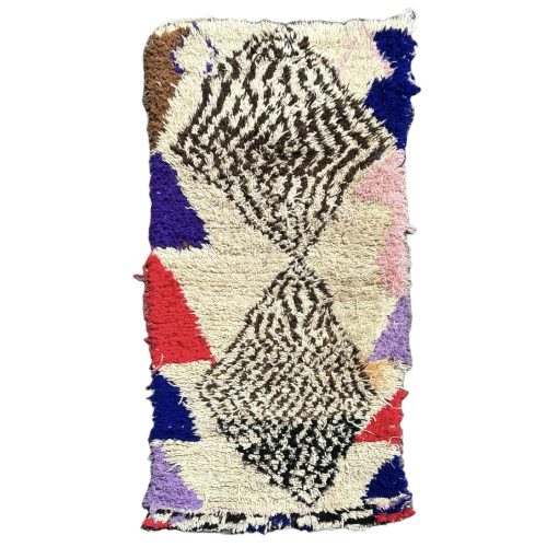 Petit Tapis Marocain Berbere Azilal en laine, tapis bleu blanc rouge