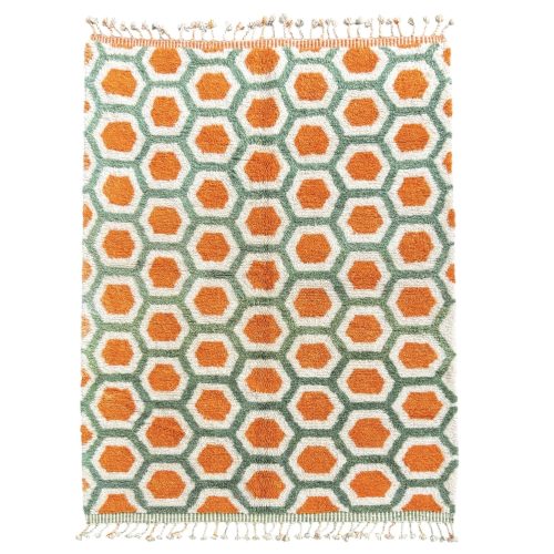 Tapis marocain moderne Beni Ouarain en laine orange, motifs géométriques berbères